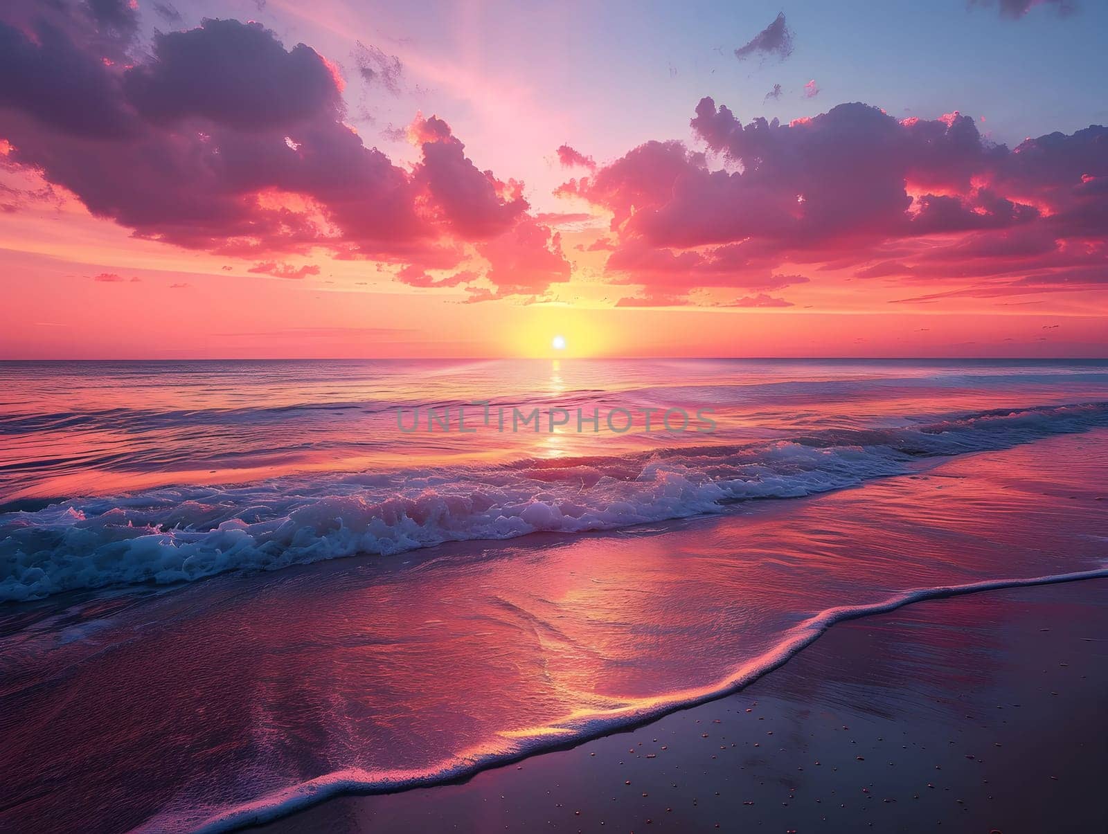 A breathtaking sunset paints the sky with vibrant hues of pink, orange, and purple, reflecting on the calm ocean waves and sandy beach.