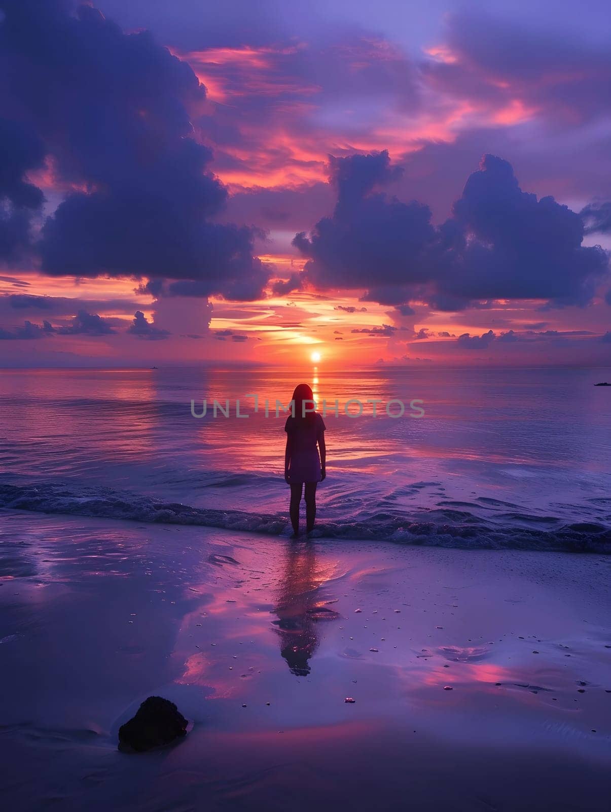 A solitary figure stands on a sandy beach, silhouetted against a vibrant sunset sky with clouds. The water reflects the warm colors of the sky, creating a serene and peaceful atmosphere.