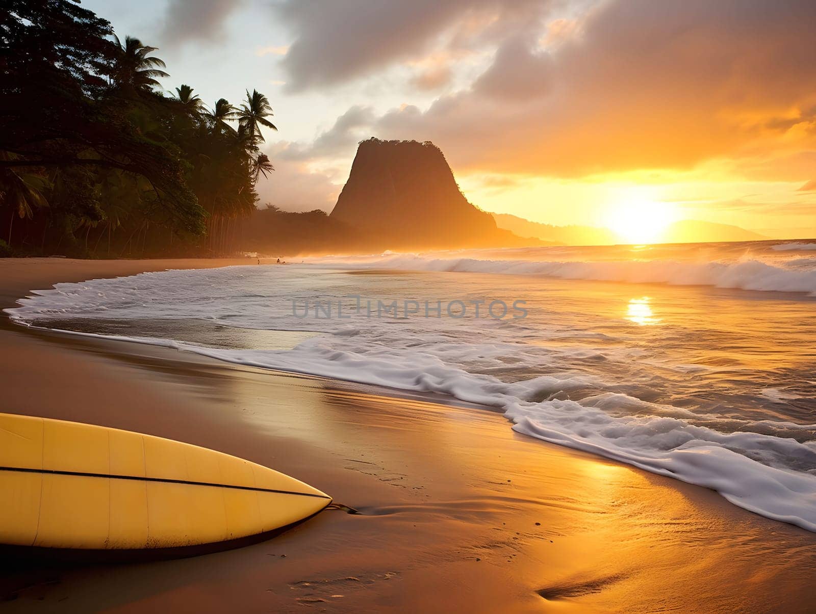 A lone surfboard lies on a pristine golden sand beach at sunset, the ocean waves gently lapping at the shore. A palm tree forest in the distance adds to the picturesque setting