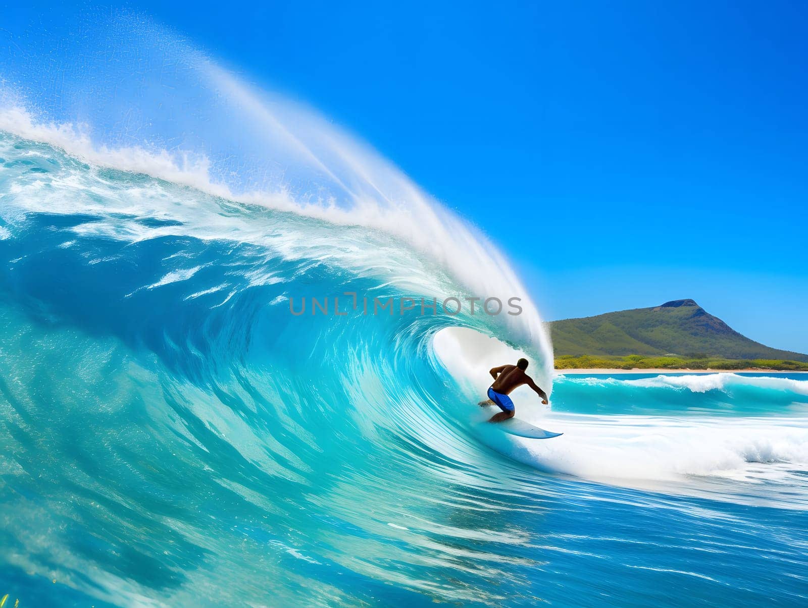 A surfer rides a massive wave in the tropical ocean. The blue sky, white foam, and the surfer's silhouette create a stunning visual image of the thrill and beauty of surfing.