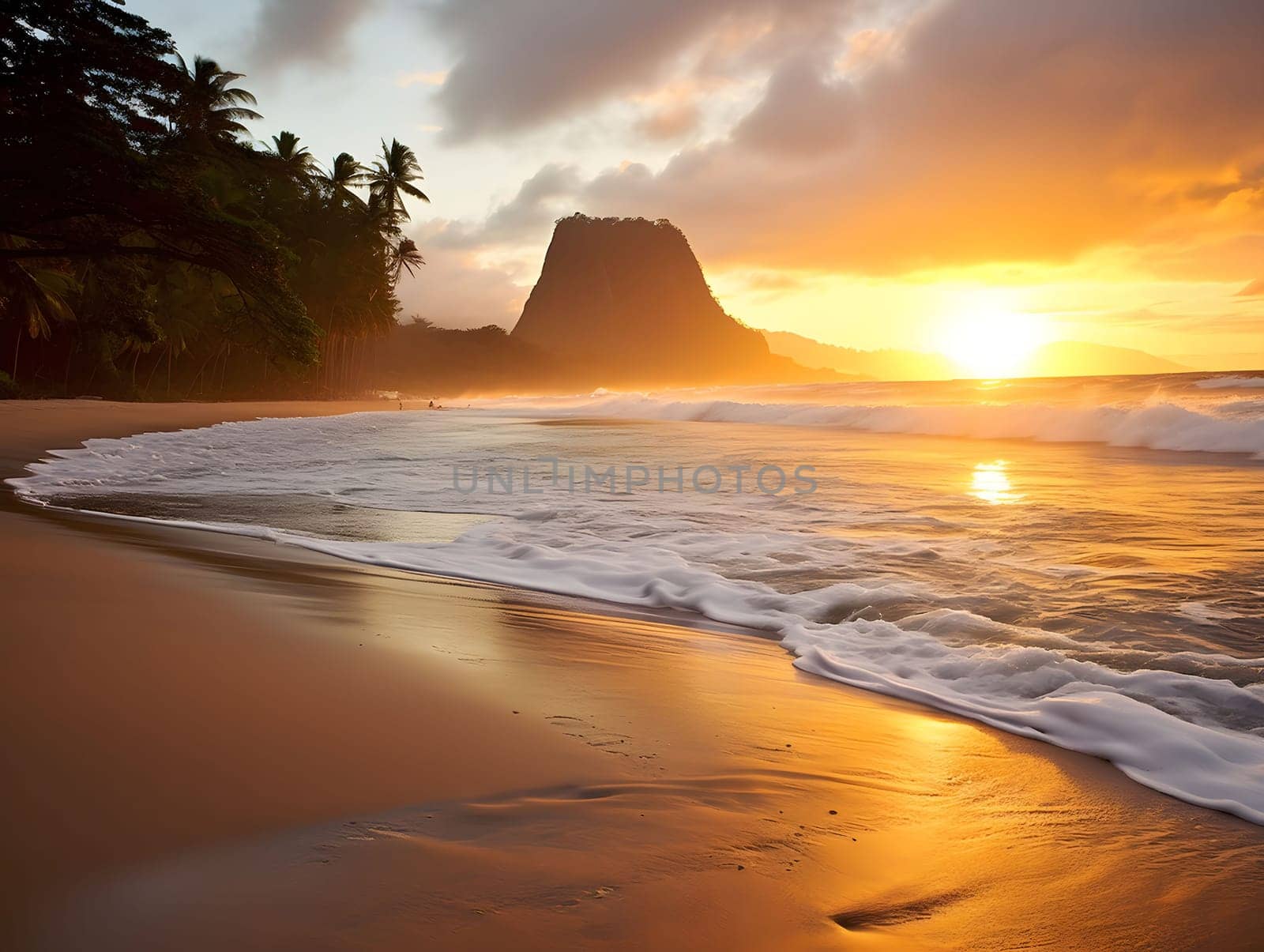 A picturesque view of a tropical beach at sunset with golden light illuminating the sand and the waves crashing on the shore.