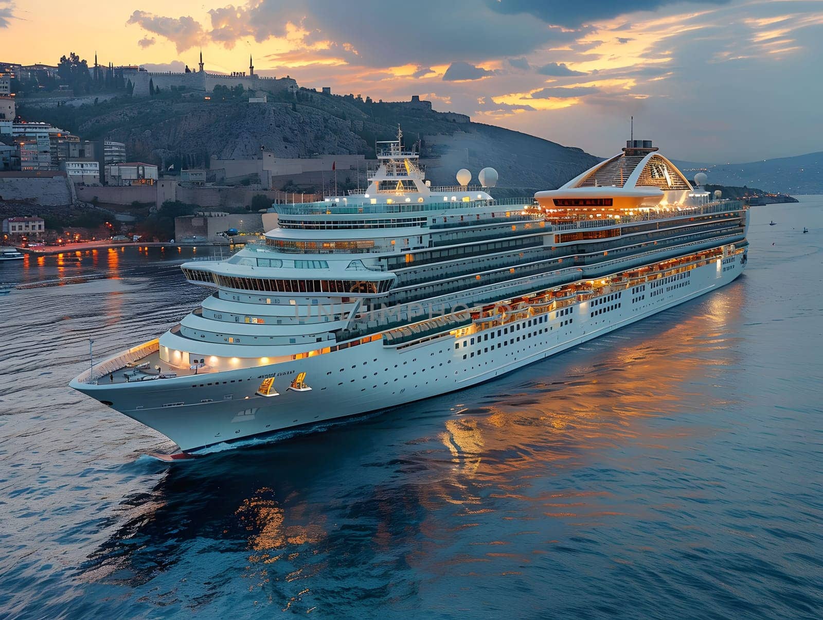 A large cruise ship sails past a city at sunset. The ship is illuminated by lights, and the sky is a beautiful shade of orange and pink.
