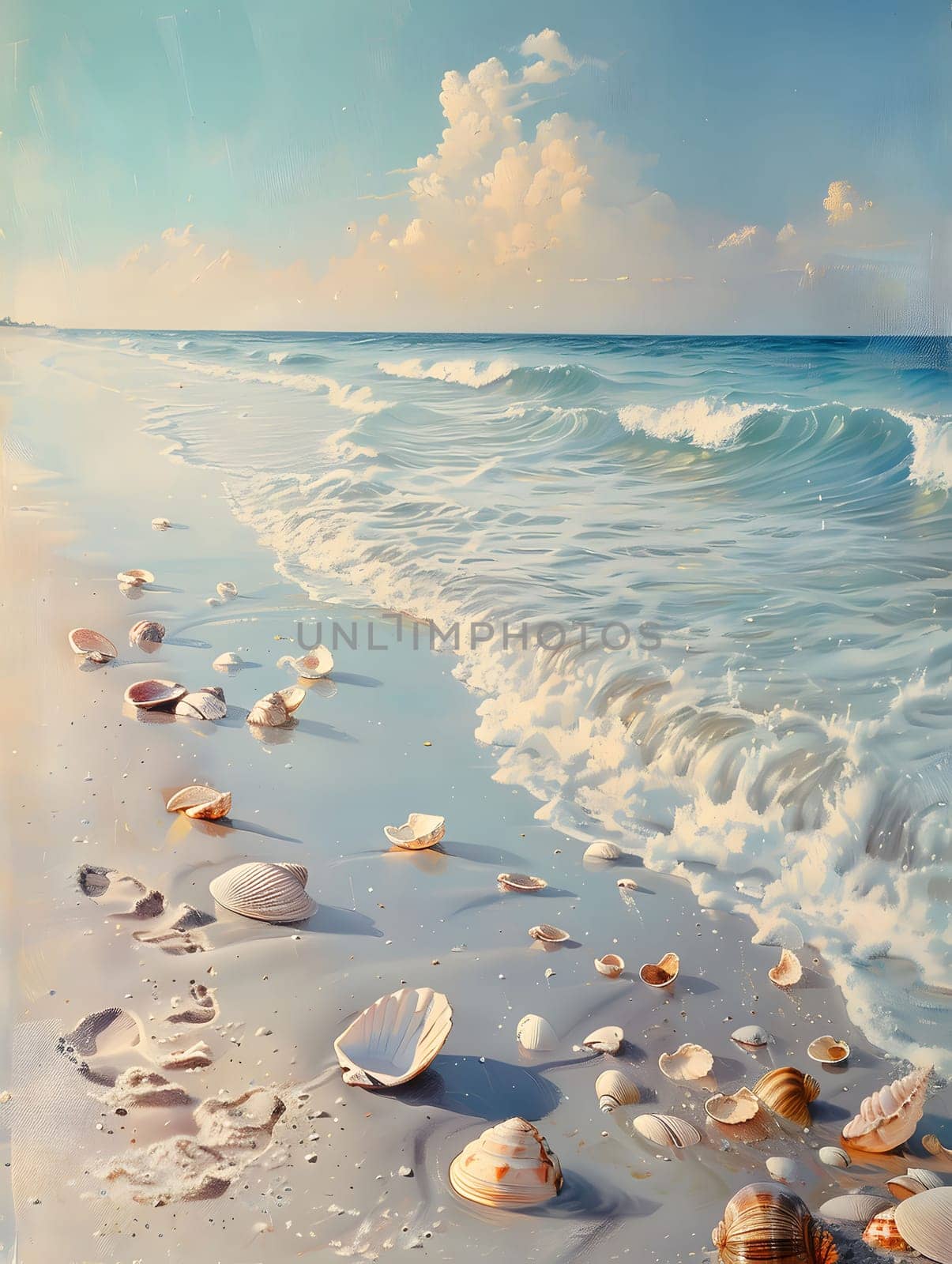 A peaceful scene of seashells scattered on a sandy beach with soft waves lapping the shore. The sun shines brightly in the blue sky with fluffy white clouds.