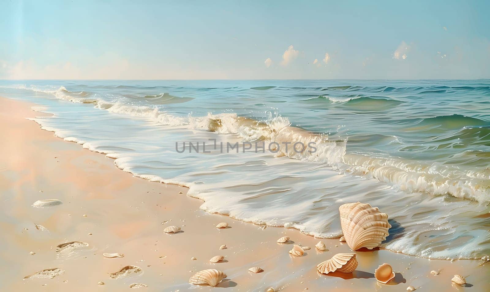 A serene seascape with gentle waves crashing on a sandy shore, showcasing seashells scattered along the coastline.