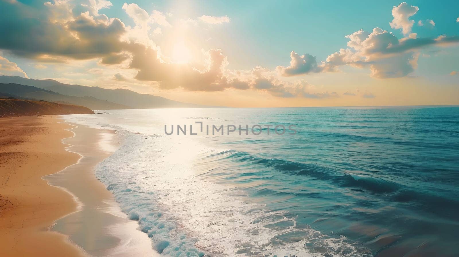 A breathtaking view of a golden sandy beach meeting the turquoise waters of the ocean at sunset. The clouds are painted with warm hues, creating a serene and tranquil atmosphere.