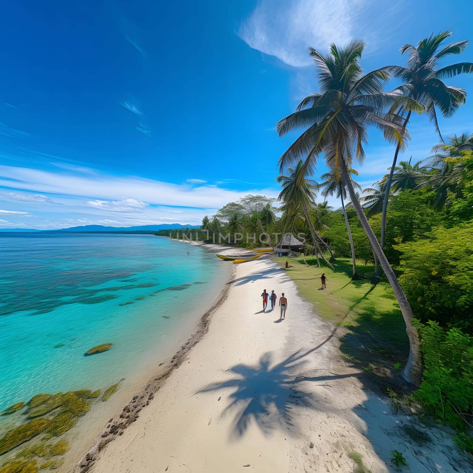 A picturesque tropical beach with crystal clear water, white sand, palm trees, and blue skies.