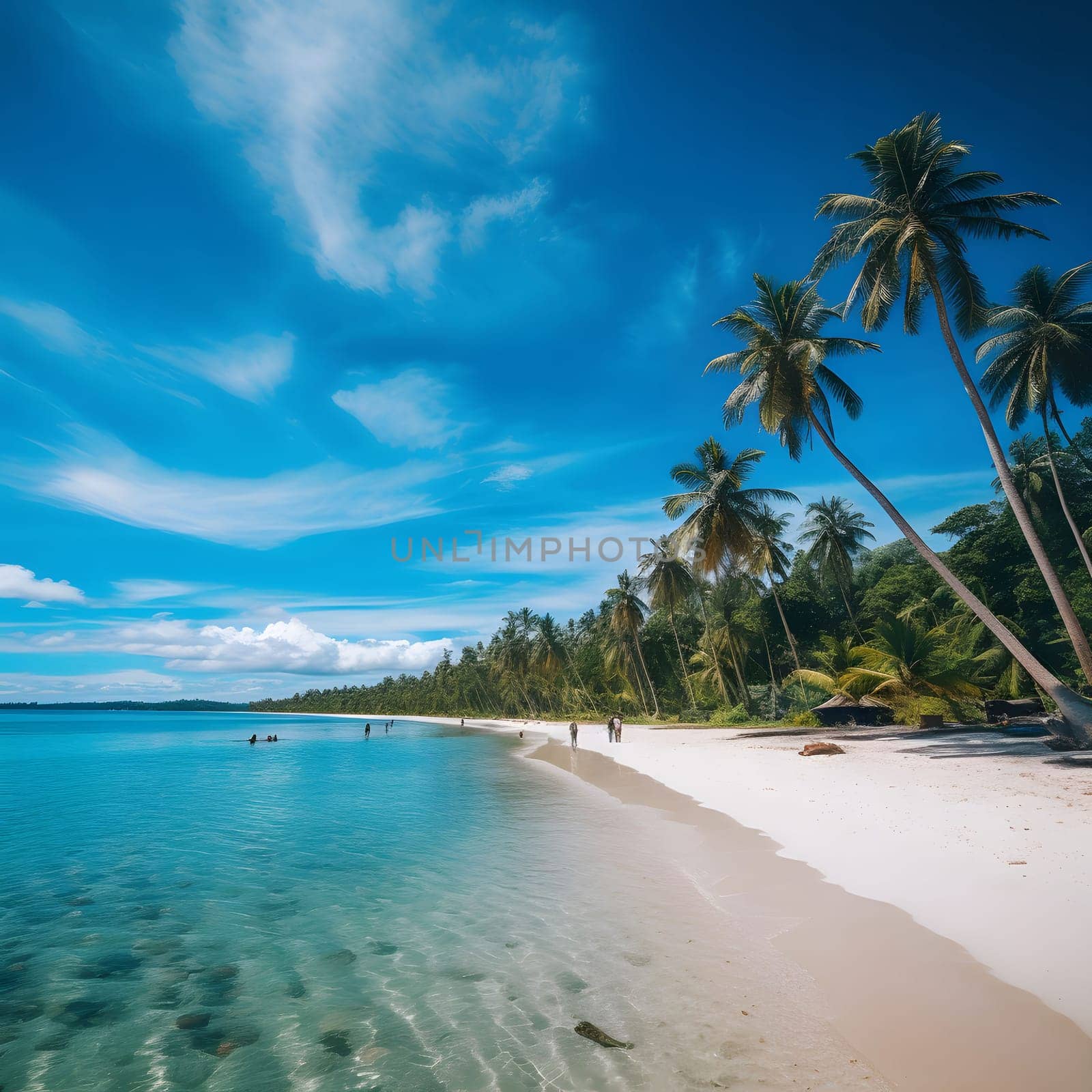 Stunning view of a pristine tropical beach with clear blue water, white sand, and swaying palm trees. The sky is a brilliant blue with fluffy white clouds.