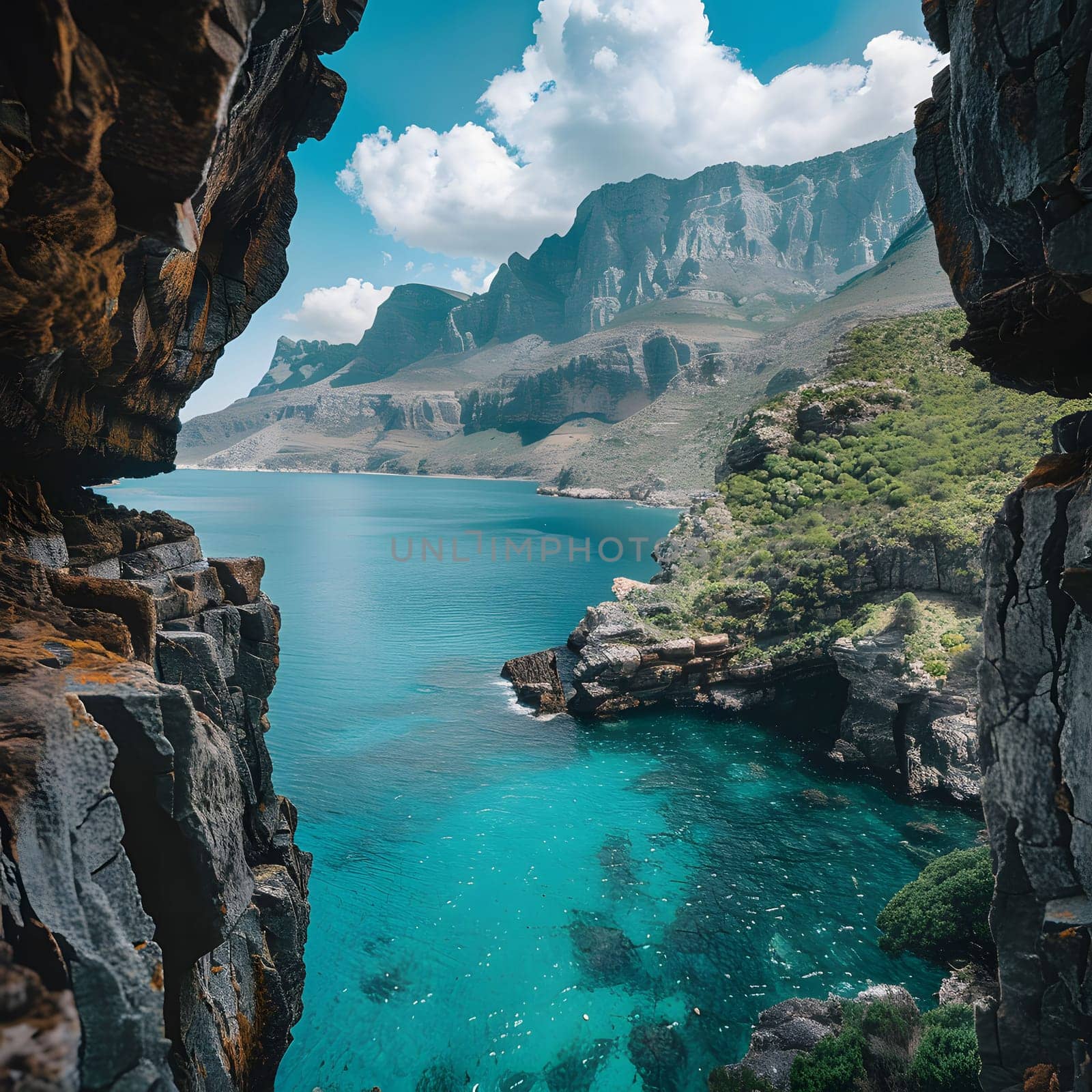 A breathtaking view of a secluded cove with crystal clear blue water, surrounded by towering mountain cliffs. The sky is a vibrant blue with fluffy white clouds, reflecting the beauty of nature.