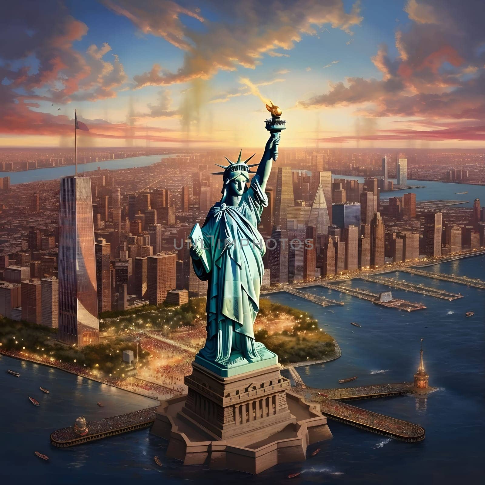 A breathtaking view of the Statue of Liberty standing tall against the backdrop of the New York City skyline, captured at sunset.
