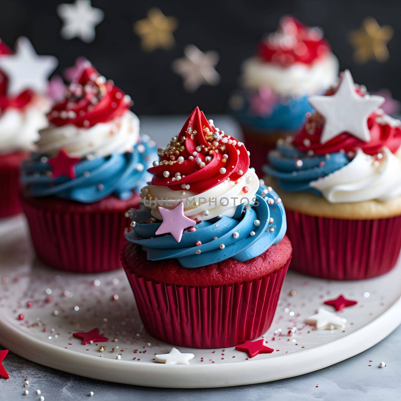 A close-up shot of three red velvet cupcakes decorated with white and blue frosting and stars. The cupcakes are arranged on a white plate and surrounded by sprinkles.