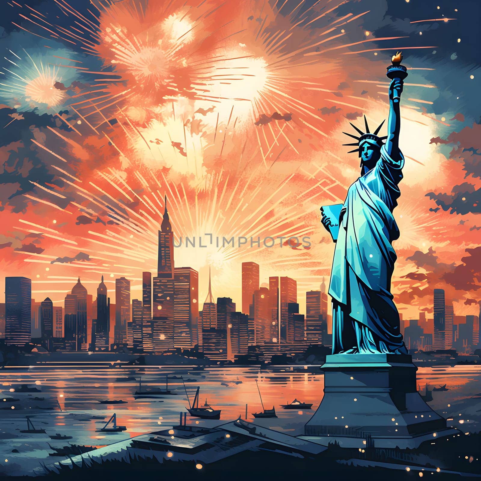 A digitally painted cityscape at night with the Statue of Liberty in the foreground and fireworks bursting above.