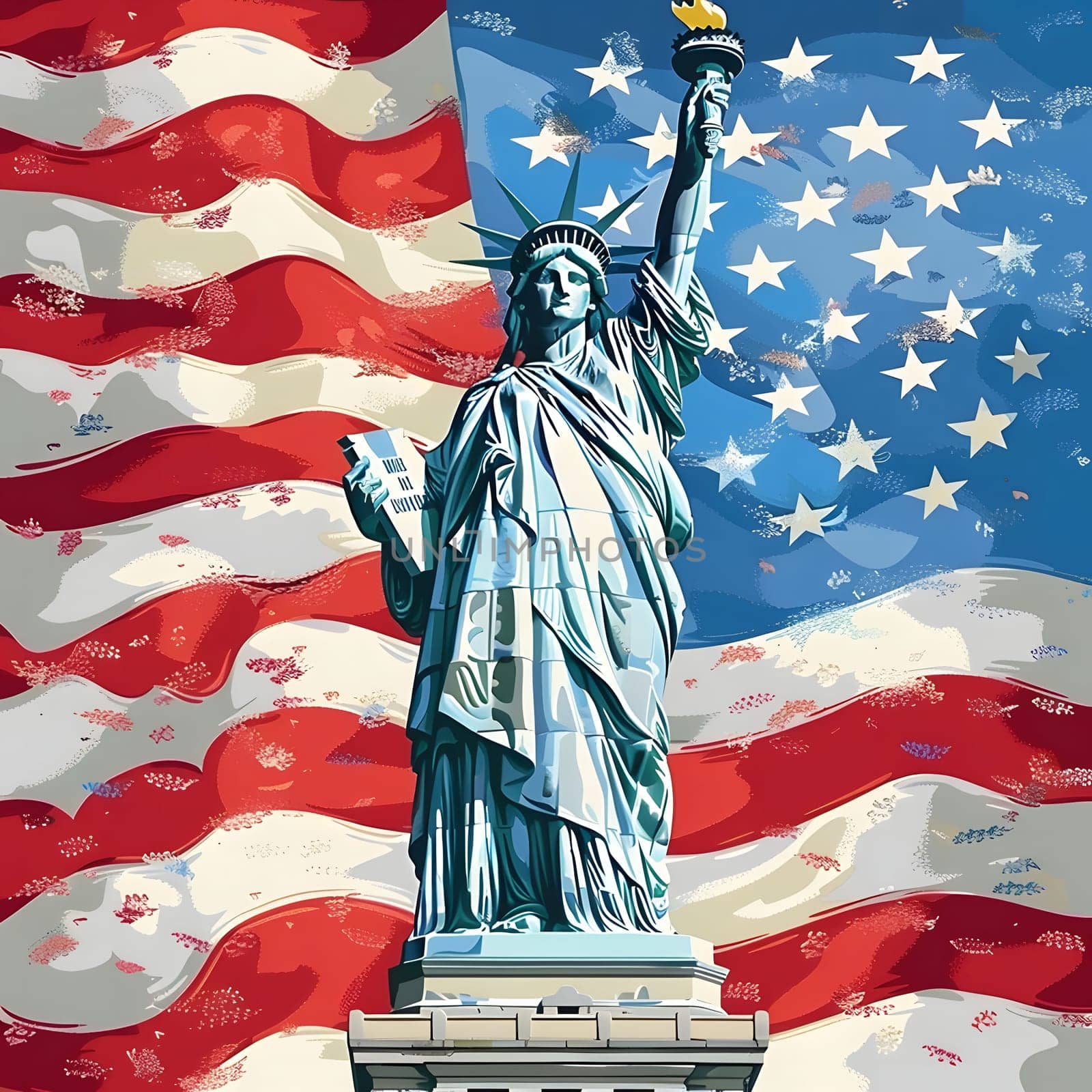 The Statue of Liberty stands tall and proud against a backdrop of the American flag, symbolizing freedom and independence.