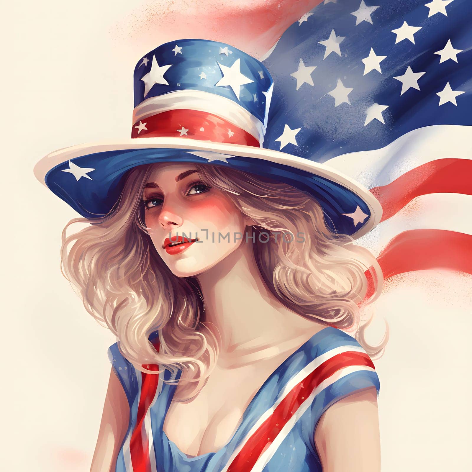 A portrait of a beautiful woman in a red, white and blue American flag hat, celebrating independence day.