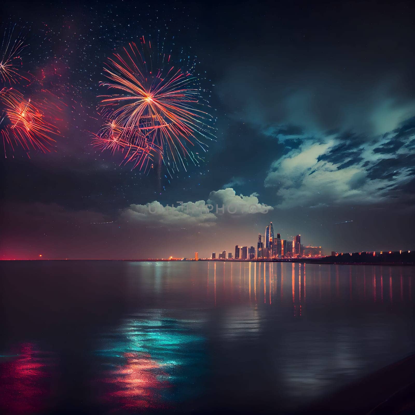 A stunning view of a city skyline with fireworks exploding in the night sky over the calm water.