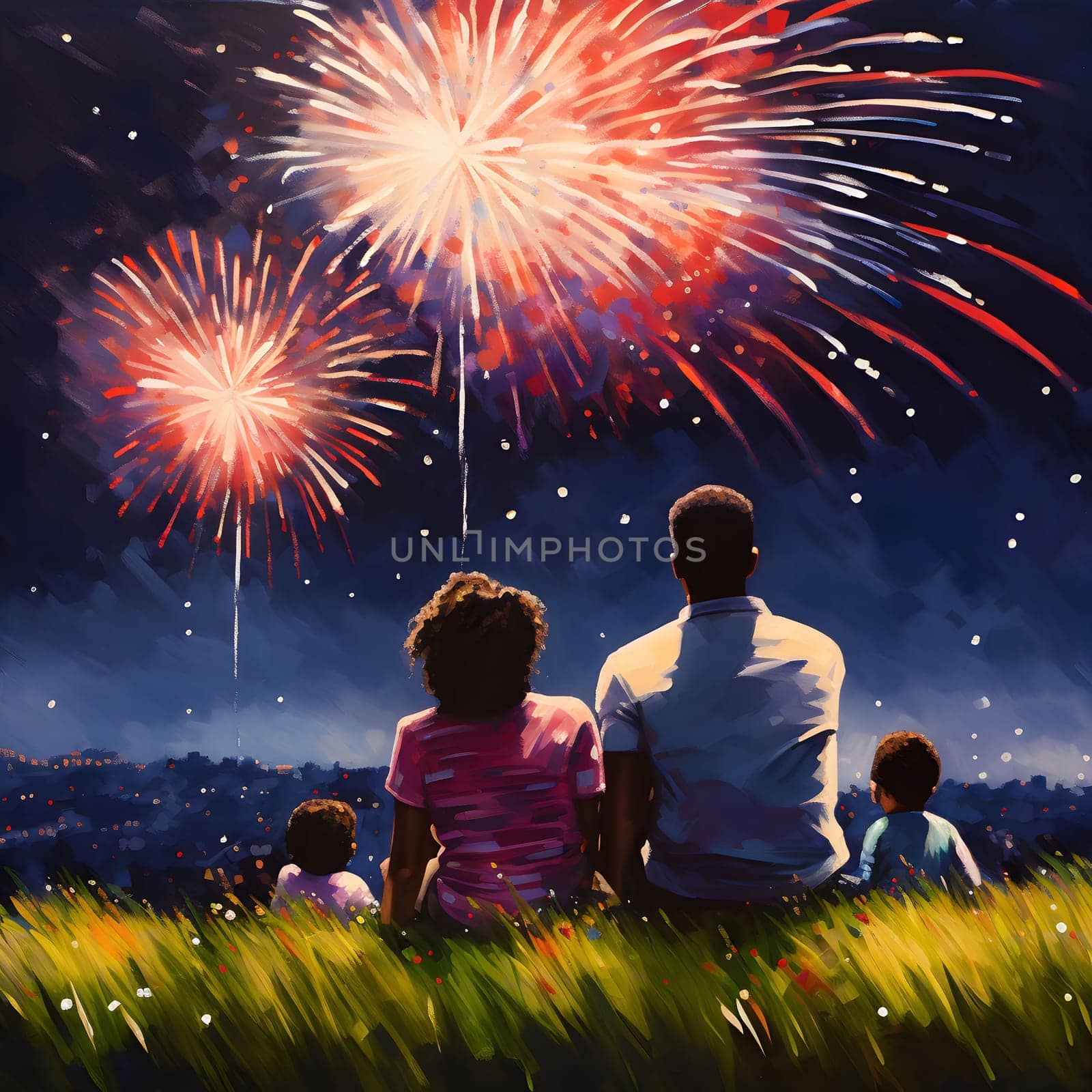 A family of four watches a dazzling fireworks display on a summer night. The vibrant colors of the fireworks light up the dark sky and create a sense of joy and celebration.