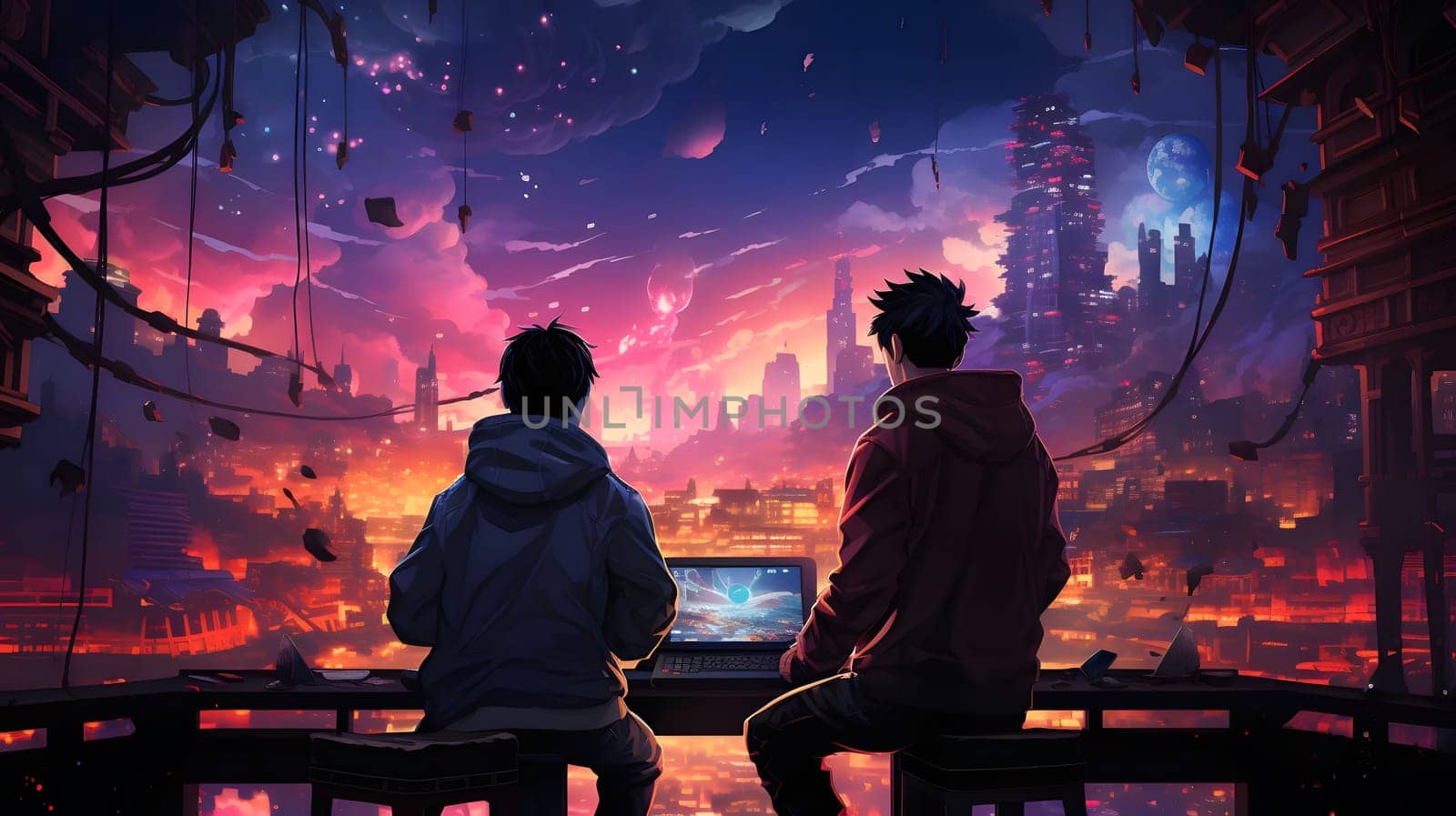 Two figures sit on a balcony overlooking a futuristic cityscape. The city lights illuminate the sky, creating a vibrant and colorful spectacle.