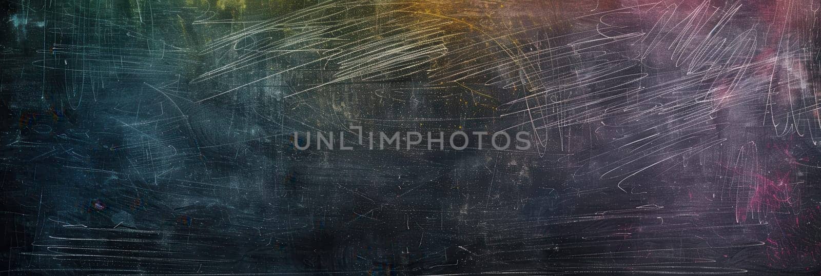 A chalkboard displays vibrant spirals and abstract shapes created during an art class, showcasing creativity and imagination among students.