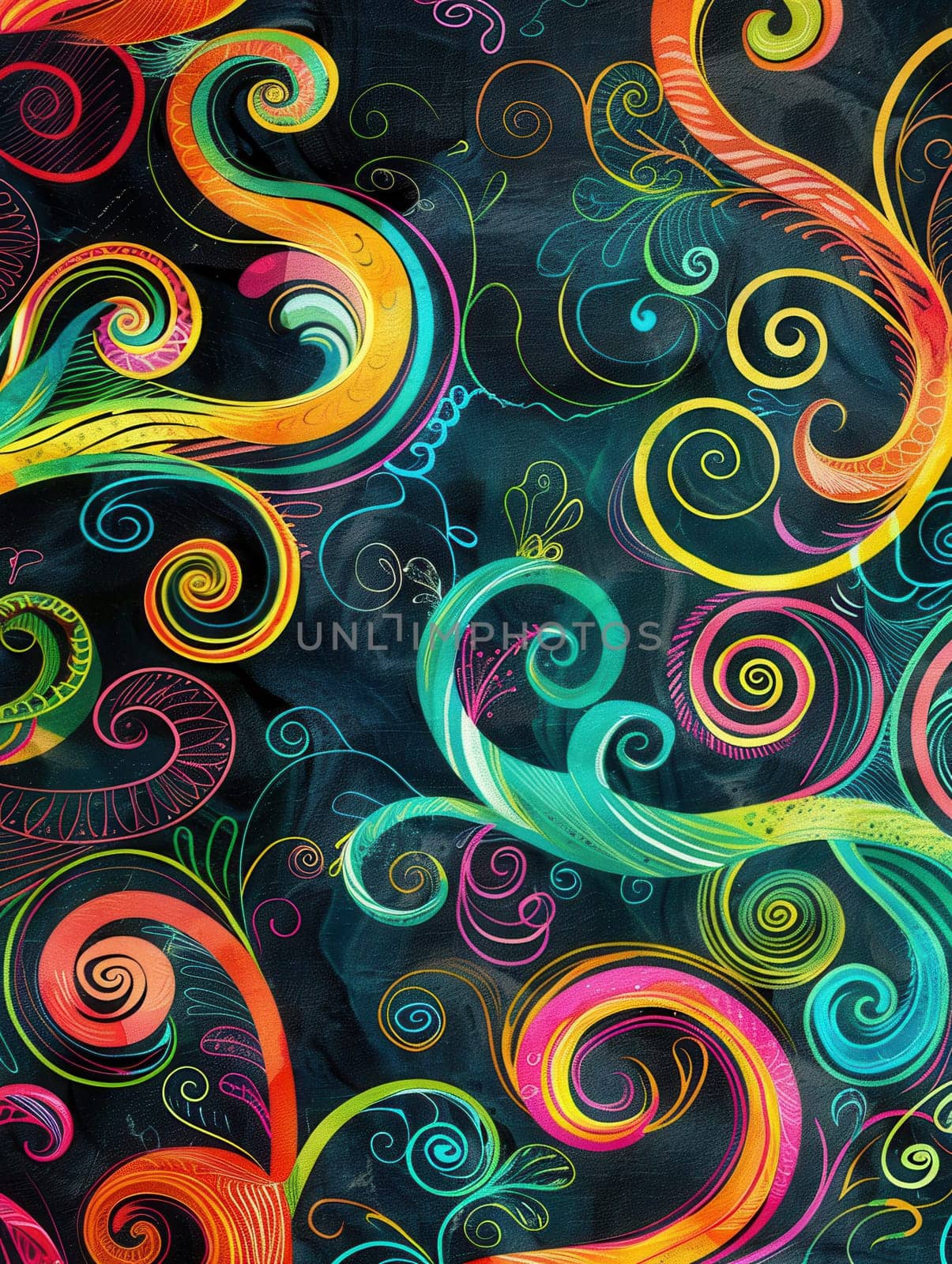 A chalkboard is filled with vibrant spirals and abstract shapes drawn with colorful chalk, showcasing creativity and artistic expression during an art activity.