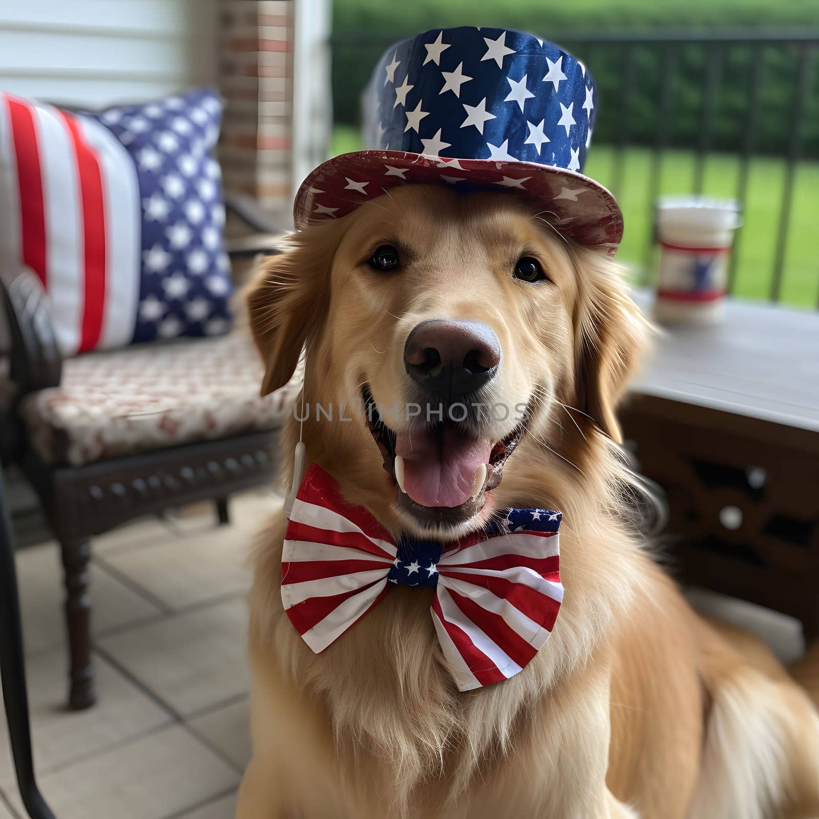 A happy golden retriever dog wearing a festive American flag hat and bow tie, celebrating Independence Day or other patriotic occasions.