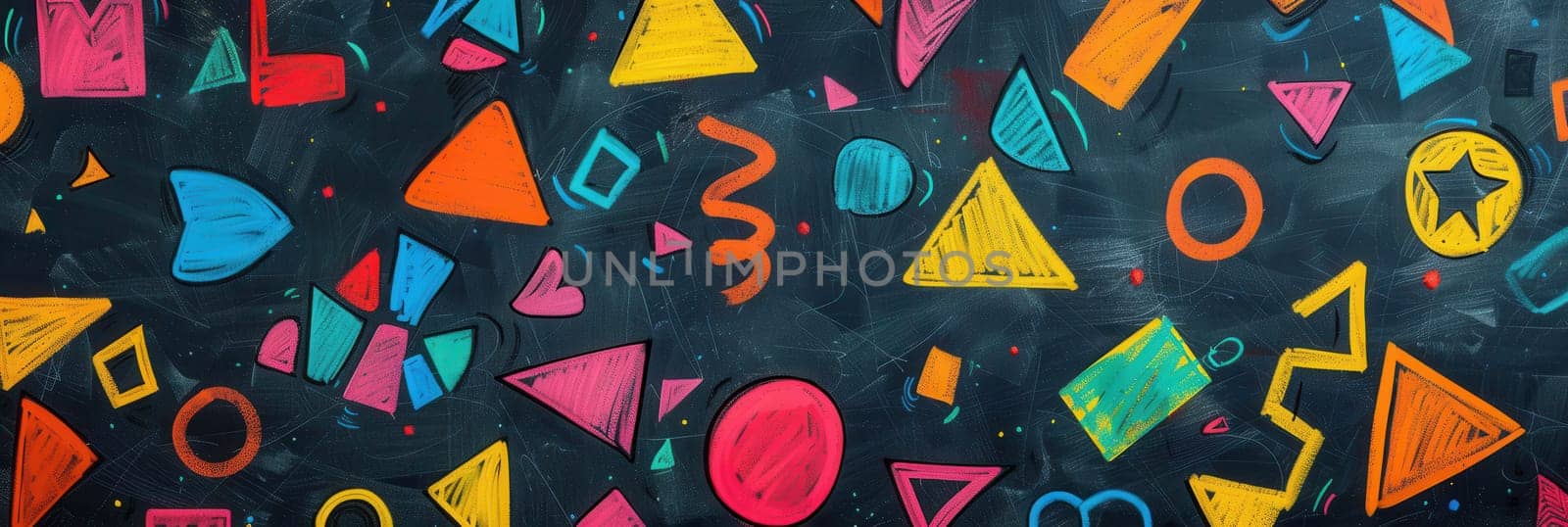 A blackboard is vibrantly filled with colorful geometric shapes and patterns created during an interactive art session.
