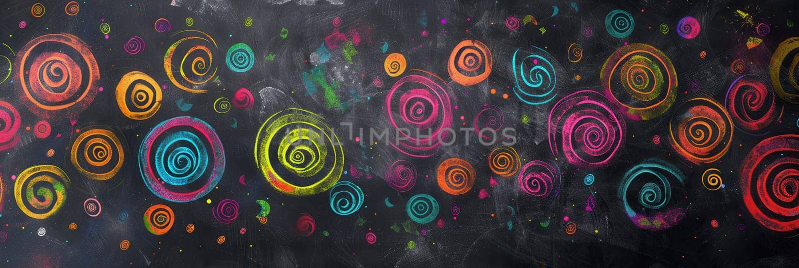 A vibrant chalkboard displays an array of colorful spirals and abstract shapes created with chalk, inspiring creativity and artistic expression in the classroom.