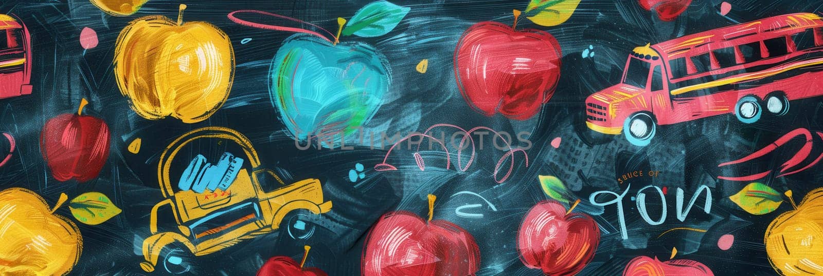 Colorful chalkboard decorated with drawings of globes, rulers, pencils, and lightbulbs, creating a lively atmosphere for learning and creativity.