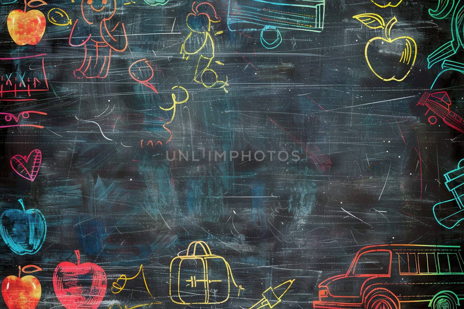 Colorful brush strokes and detailed drawings of educational items brighten the chalkboard, showcasing a vibrant classroom environment ready for learning.