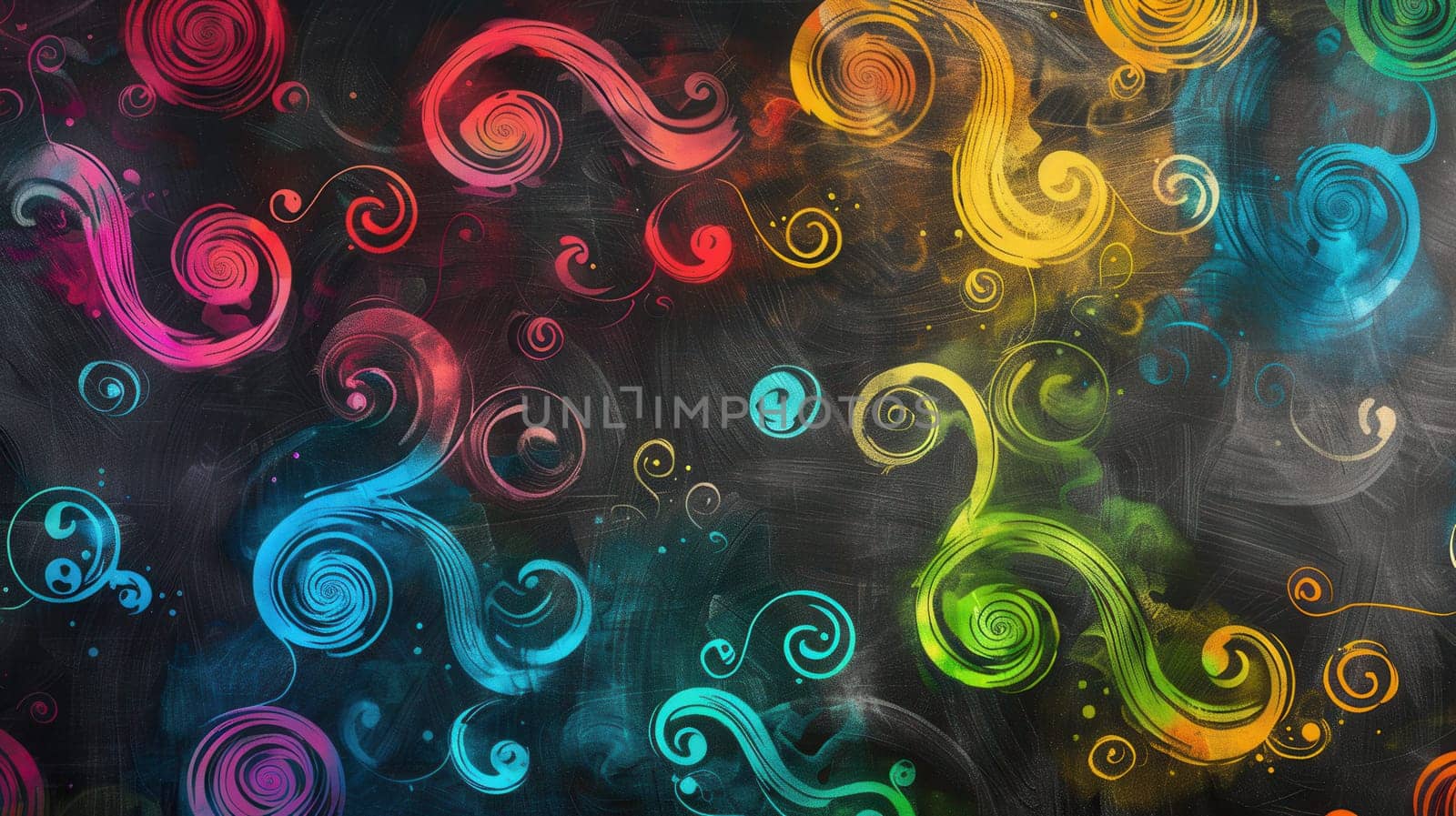A chalkboard filled with vibrant spirals and abstract shapes, showcasing creativity in a classroom setting during an interactive art lesson.