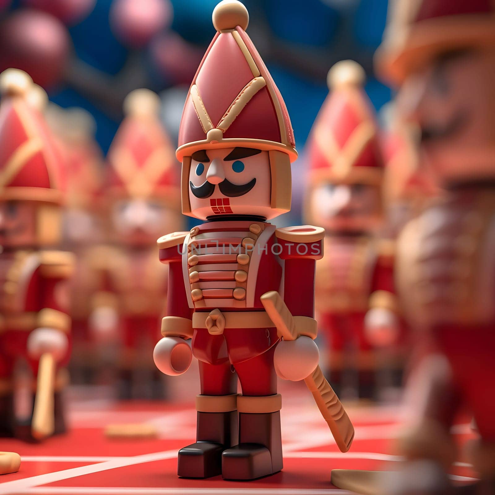 A close-up shot of a red plastic toy soldier, with a focus on the details of its face and uniform. The background is blurred, showing other toy soldiers.