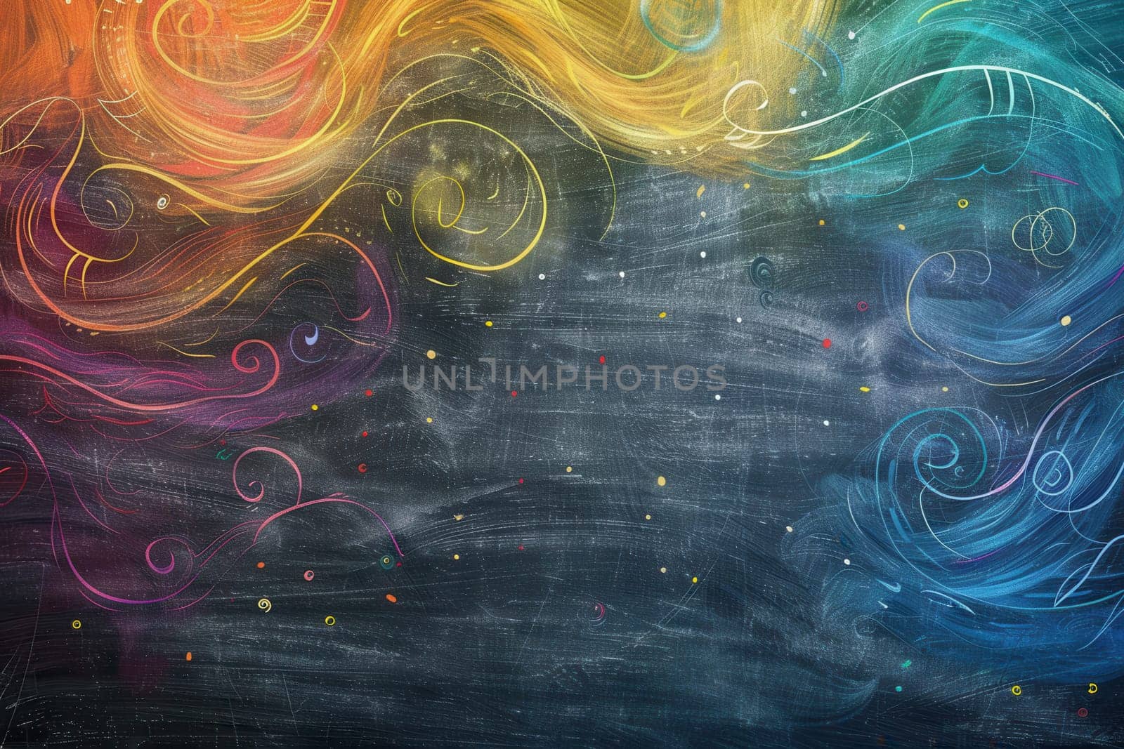 A chalkboard displays vibrant spirals and abstract shapes, showcasing creativity during an engaging art session in a classroom.