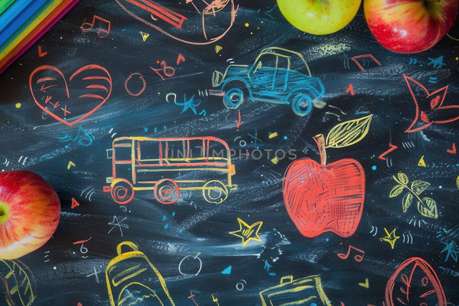 A chalkboard features vibrant brush strokes and intricate sketches of globes, rulers, calculators, and apples, creating an inviting educational atmosphere.