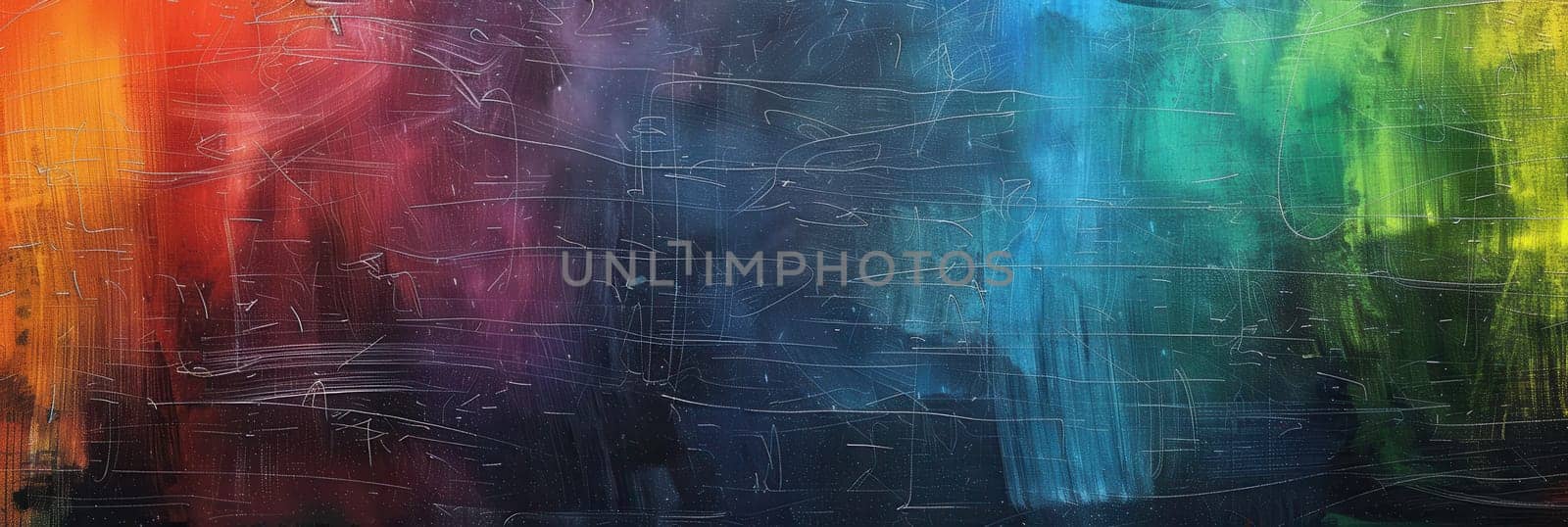 A chalkboard filled with bright spirals and abstract shapes showcases creativity in a lively educational environment.