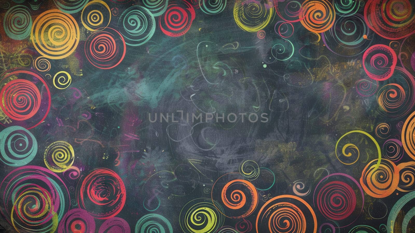 The chalkboard displays vibrant spirals and abstract shapes, showcasing creativity during an art class.