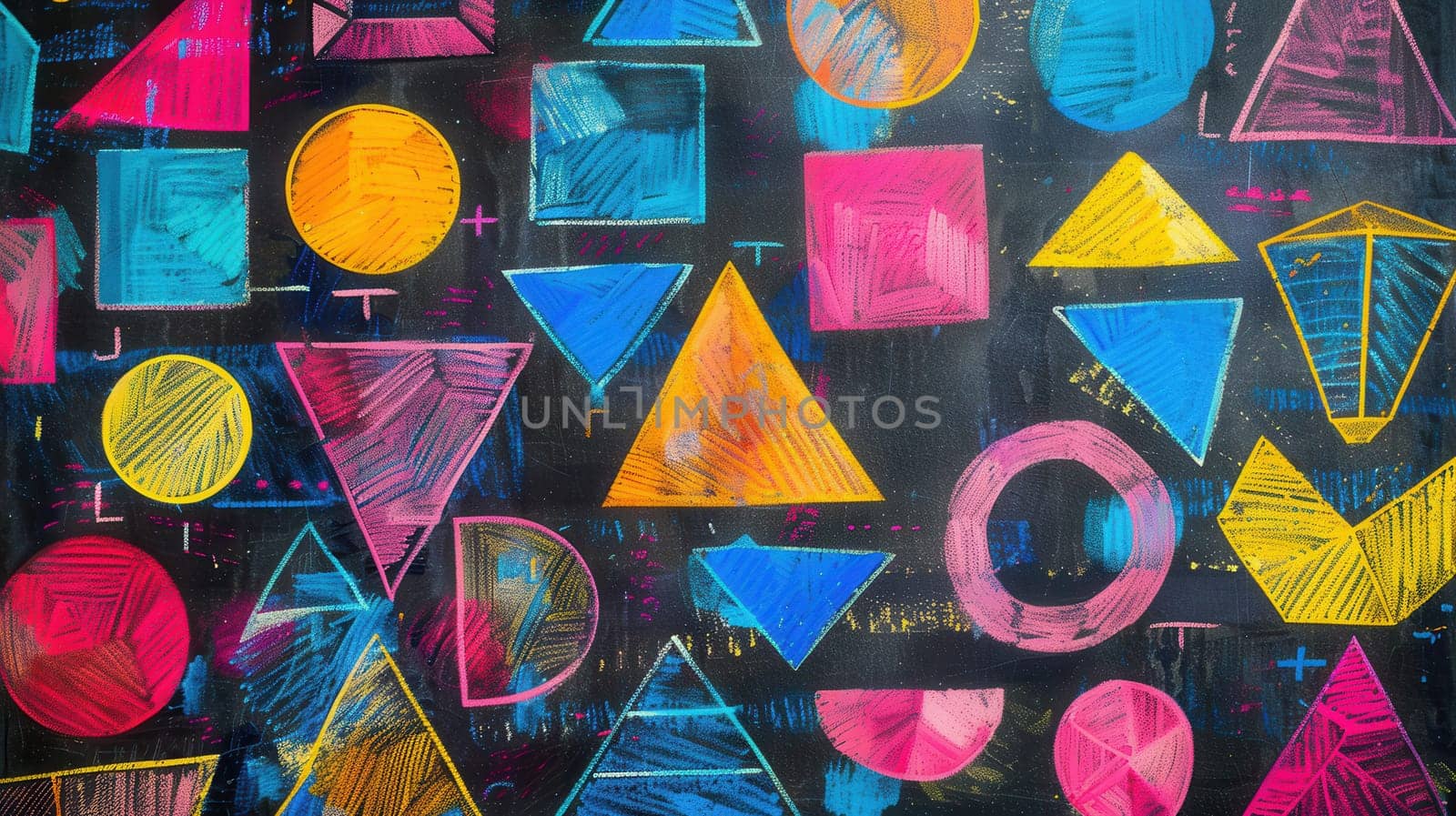 Colorful geometric shapes and patterns cover a blackboard, showcasing creativity during an engaging classroom art session.