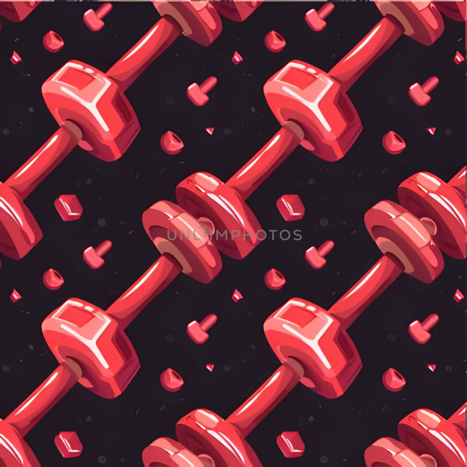 A seamless pattern featuring red dumbbells on a dark background. This design is perfect for gym-related projects, fitness apparel, or any project that needs a bold and energetic aesthetic.