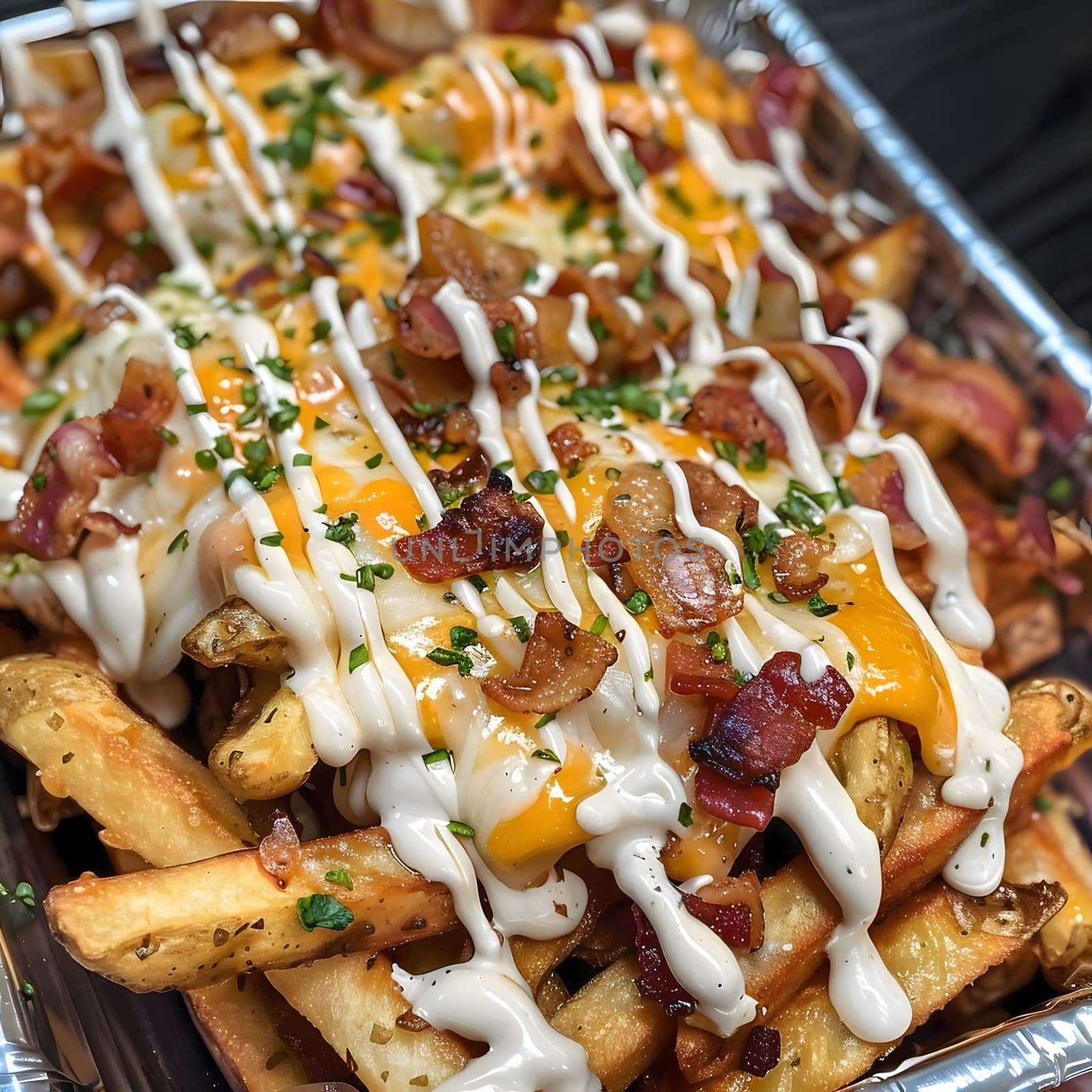 A close-up of a plate of loaded cheese fries with bacon and creamy sauce. The fries are crispy and golden brown, and the cheese is melted and bubbly. The bacon is crispy and the creamy sauce is rich and flavorful.