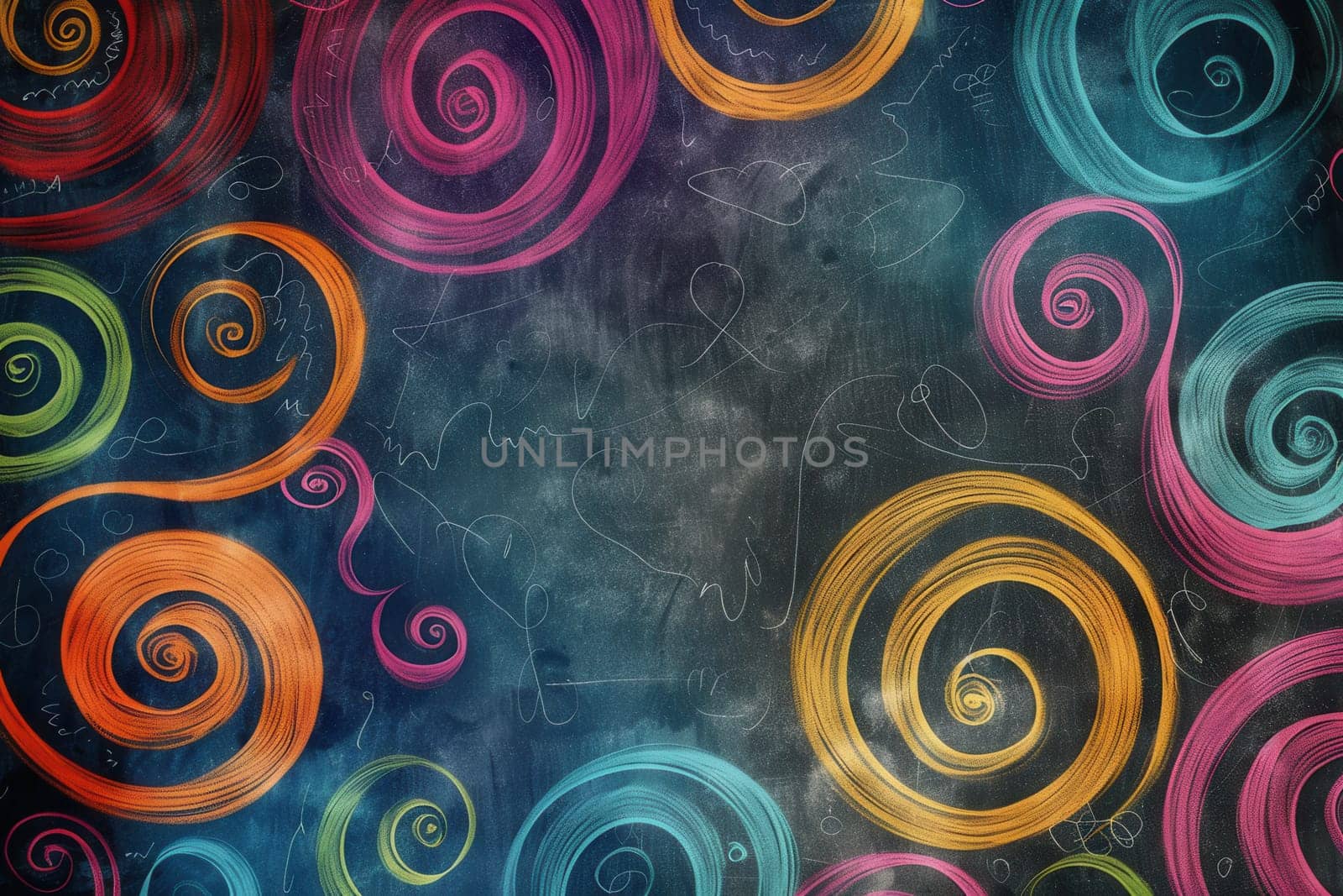 A chalkboard filled with vibrant spirals and shapes showcases creativity and artistic expression in a lively classroom setting.
