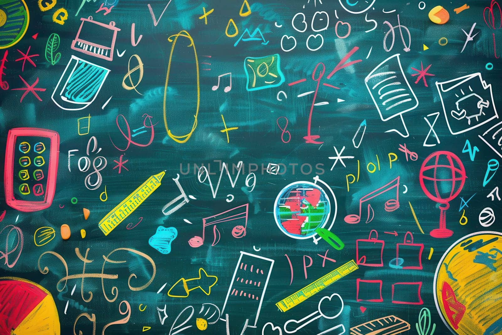 A vibrant chalkboard features colorful brush strokes and tiny drawings of classroom supplies and objects, creating an engaging atmosphere for learning.