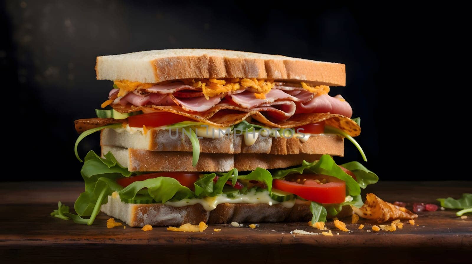 A close-up of a mouthwatering sandwich piled high with ham, cheese, tomato, and lettuce on a wooden surface.