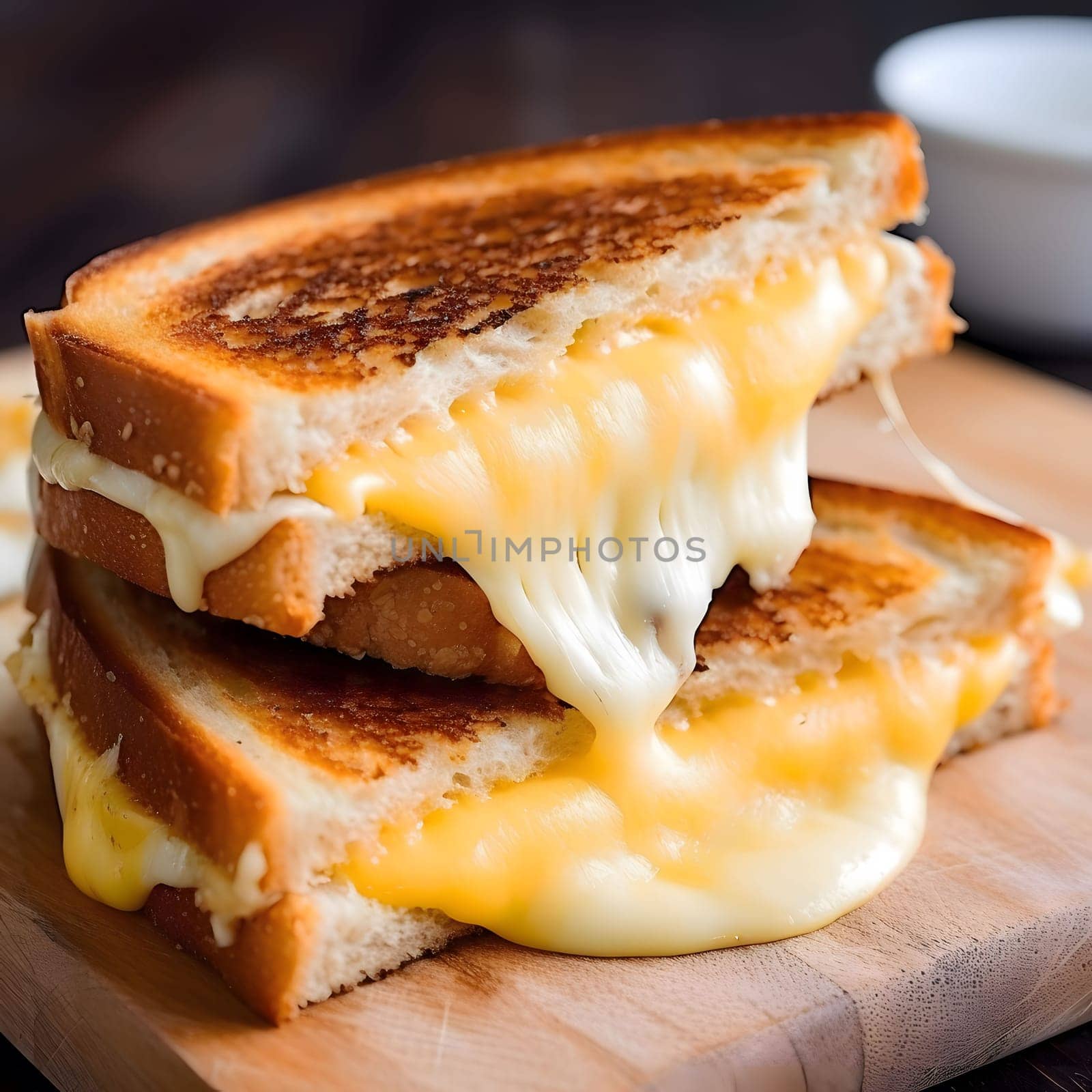 A close up of a delicious grilled cheese sandwich with melted cheese and crispy bread