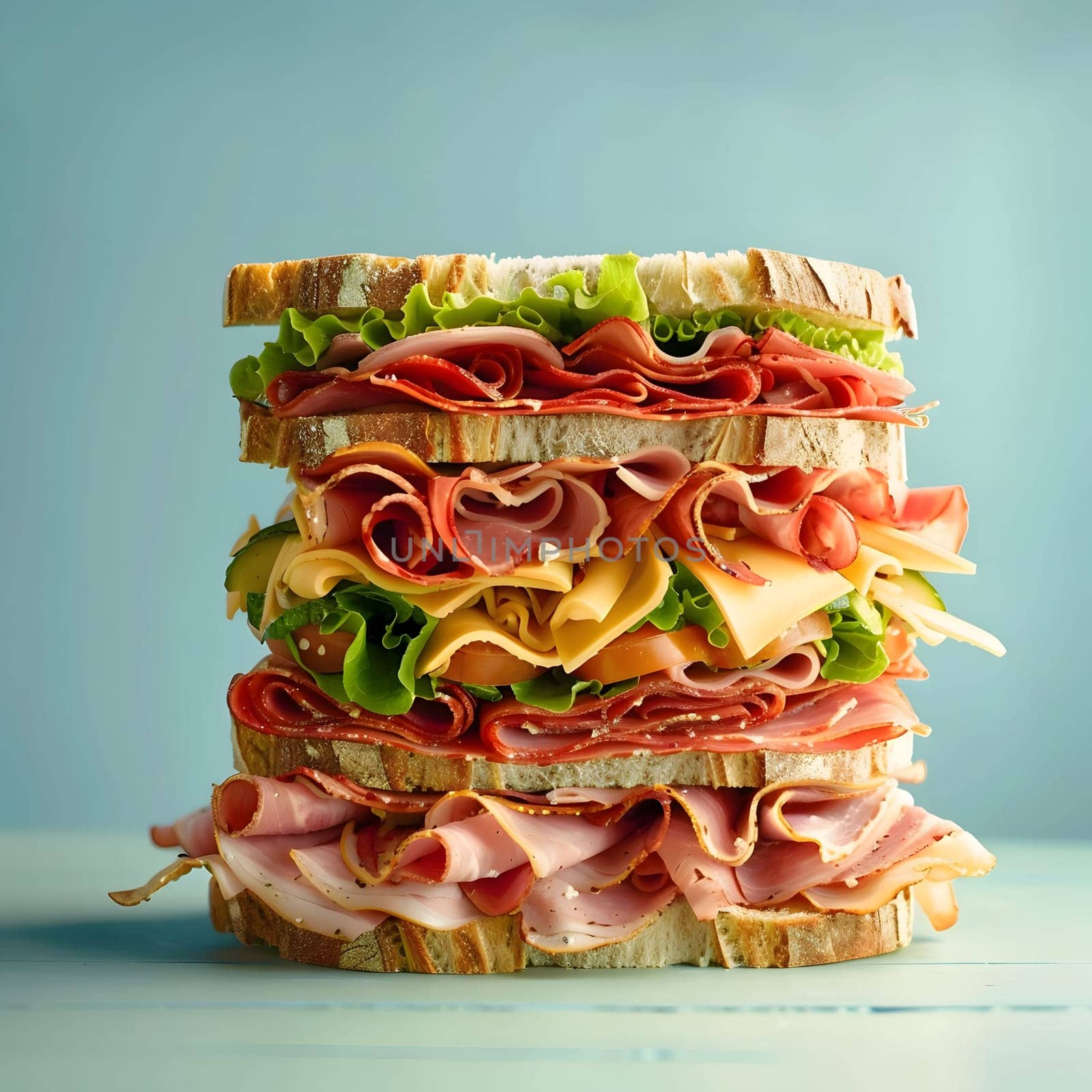 A close-up of a mouthwatering multi-layered sandwich piled high with delicious ingredients.