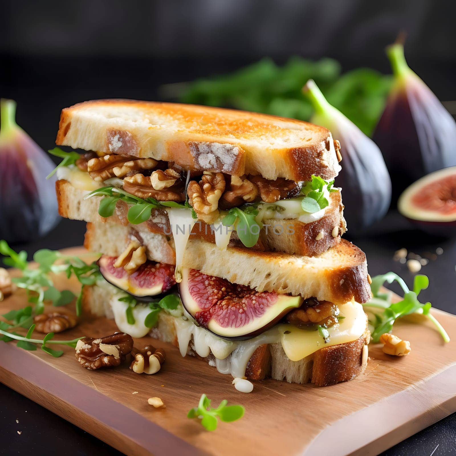 A close-up shot of a gourmet grilled cheese sandwich featuring fresh figs, walnuts, and arugula. The toasted bread creates a crispy texture, while the sweet and savory flavors combine for a delicious and satisfying meal.