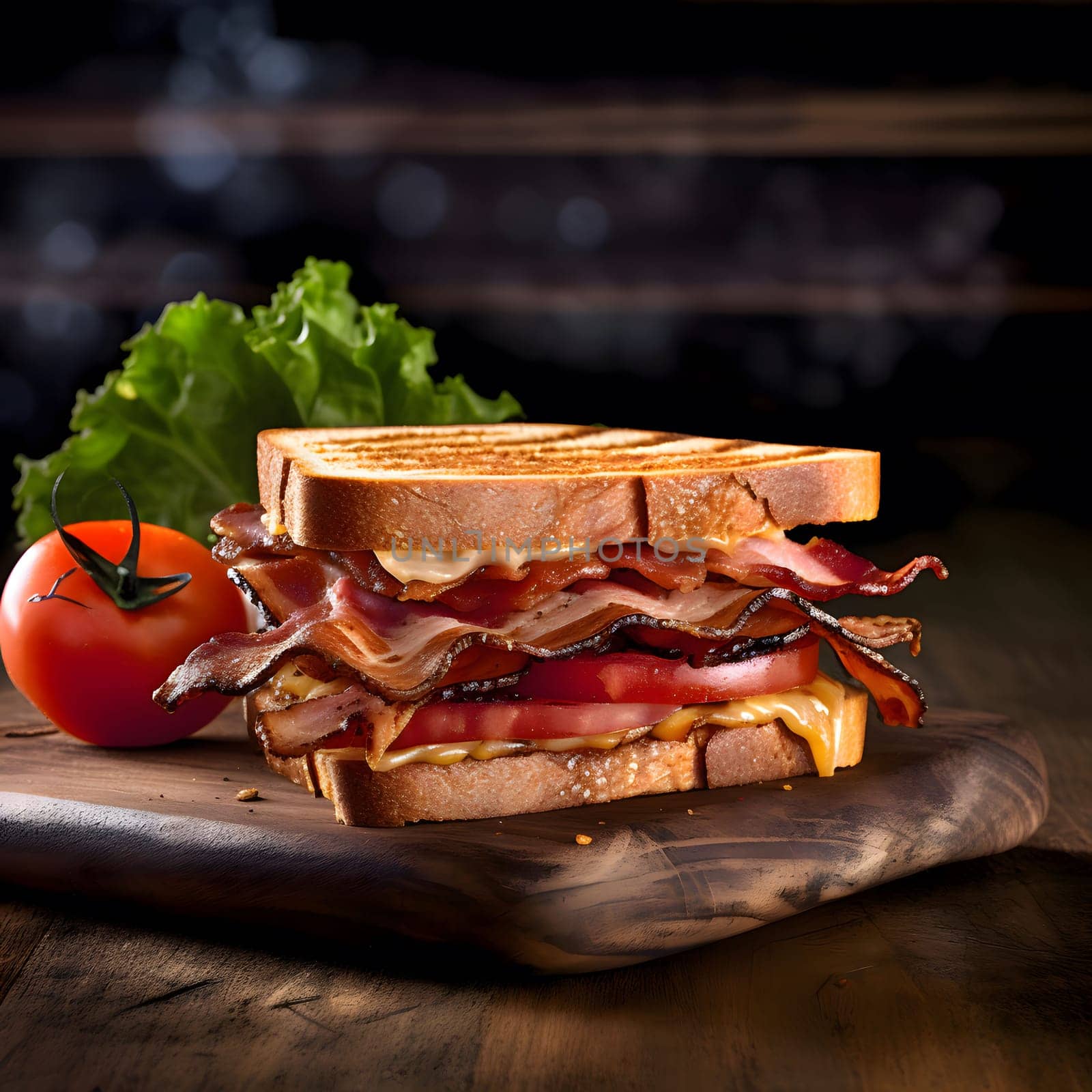 A close up of a delicious looking bacon and tomato sandwich with melted cheese and crisp lettuce on a wooden table