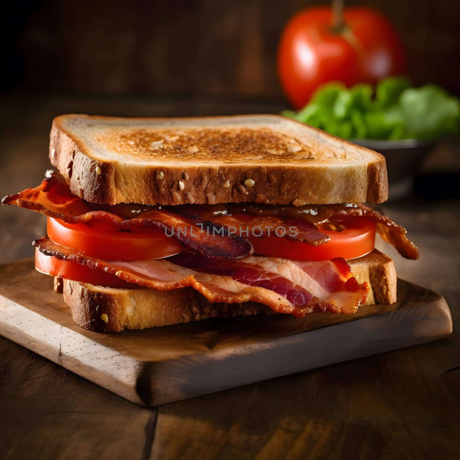 A mouthwatering BLT sandwich with crispy bacon, fresh lettuce and tomato, all perfectly arranged on a toasted bread. The sandwich is on a wooden board with a rustic background.