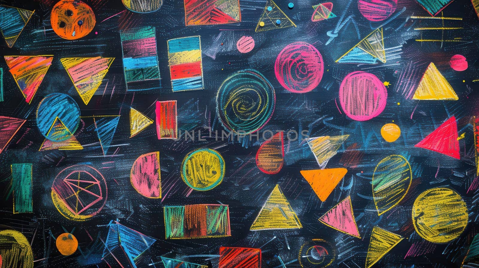 A blackboard features vibrant geometric shapes and patterns created by students as part of an engaging art activity during the school day.
