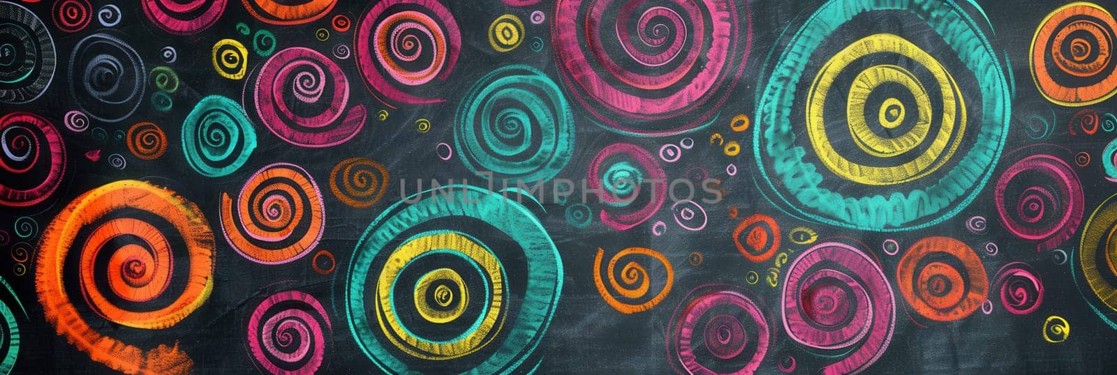 A chalkboard bursts with vibrant spirals and abstract shapes, showcasing the imaginative artwork of students during a fun art session.