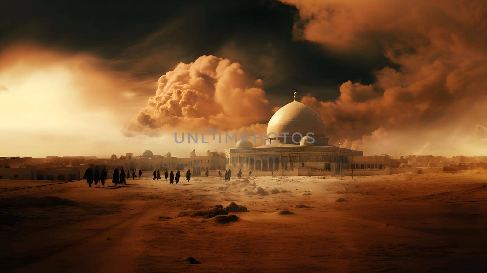 A majestic mosque in the desert, with dramatic clouds hovering above. The scene evokes a sense of spirituality and grandeur.