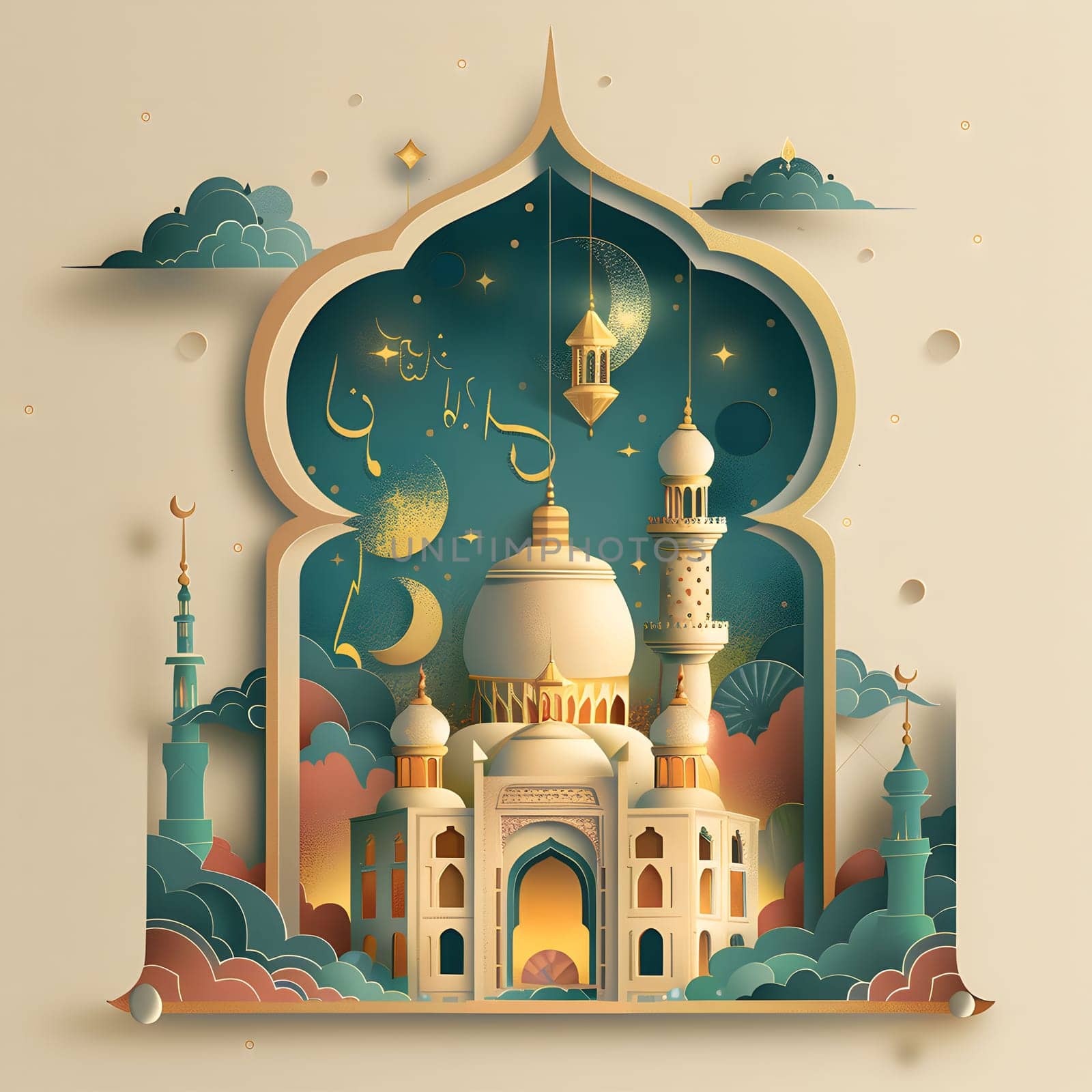An illustration of Eid Mubarak with a mosque, Arabic calligraphy, and decorative elements. It features a paper art style and a nighttime setting.