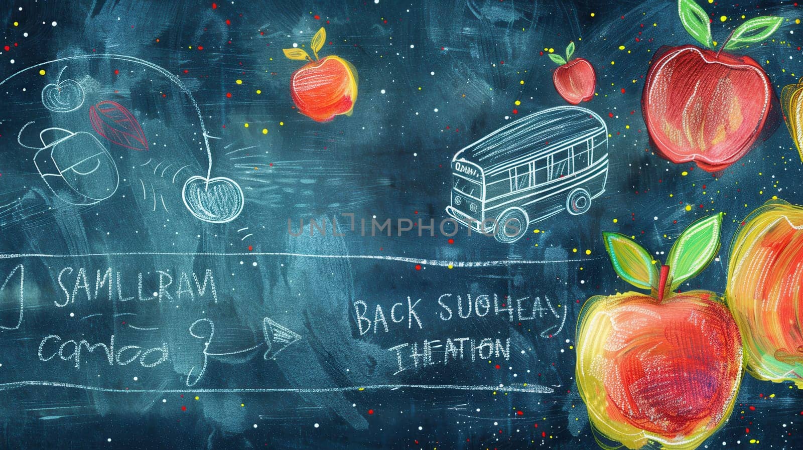 A chalkboard adorned with colorful brush strokes and detailed drawings of educational tools creates an engaging atmosphere for students.