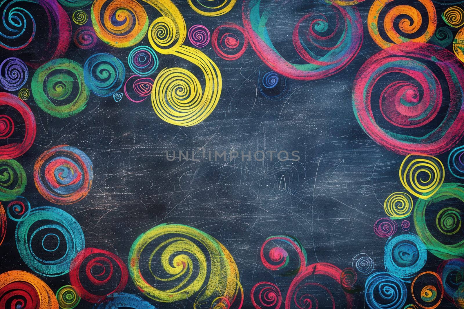 A chalkboard filled with vibrant spirals and abstract shapes showcases creativity during a lively workshop.